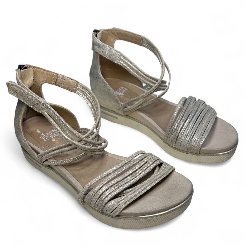 Eileen Fisher Women's Shea Suede Platform Wedge Sandals Size 7 Platinum